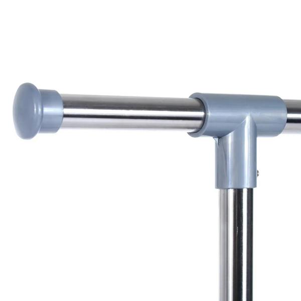 Grey L-shaped metal corner joint on rolling garment rack rail