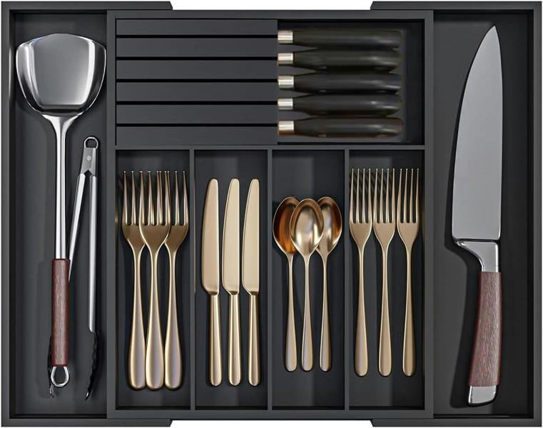 MANTRARAJ Bamboo Cutlery Drawer Organiser With Knife Block Expandable Cutlery Tray for Kitchen Drawers 5-7Compartments