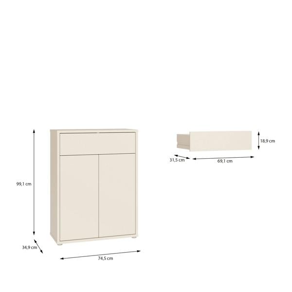 Furniture To Go Alice Springs Compact Shoe Cabinet with 2 Doors Push-to-Open & 1 Drawer Push-to-Open in Sand