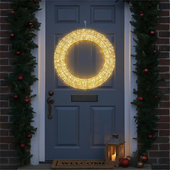 Scotts of Stow Xmas Haus Pre Lit Micro LED Wreath with 5m Lead Timer