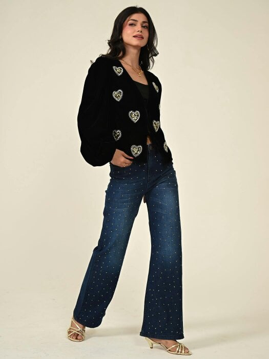 Rose & Nancy Rosheen Black Velvet Hand Embellished Heart Tie Front Top