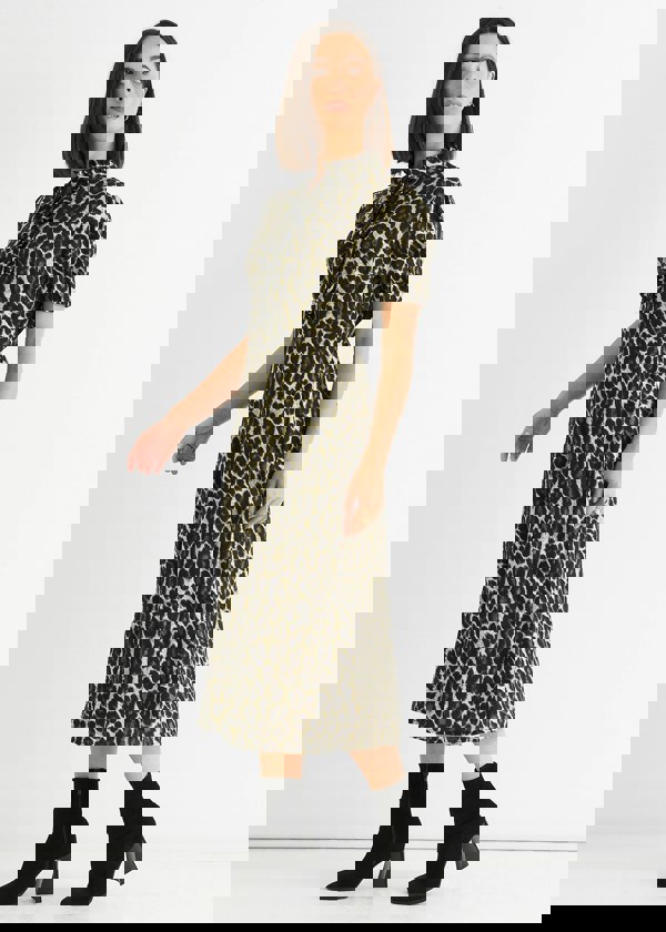 Gini London Green Animal Print Ruffle Neck Midi Dress