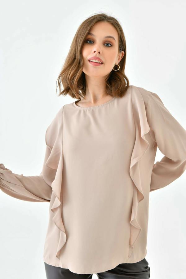 Hoxton Gal Oversized Frilled Front Blouse with Detailed Cuffs in Beige