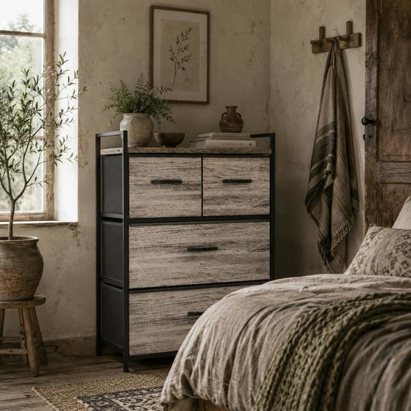 Wyld Haus Doyo Elso Fabric And Wood Grey Wood Effect 4 Drawer Rustic Storage Chest