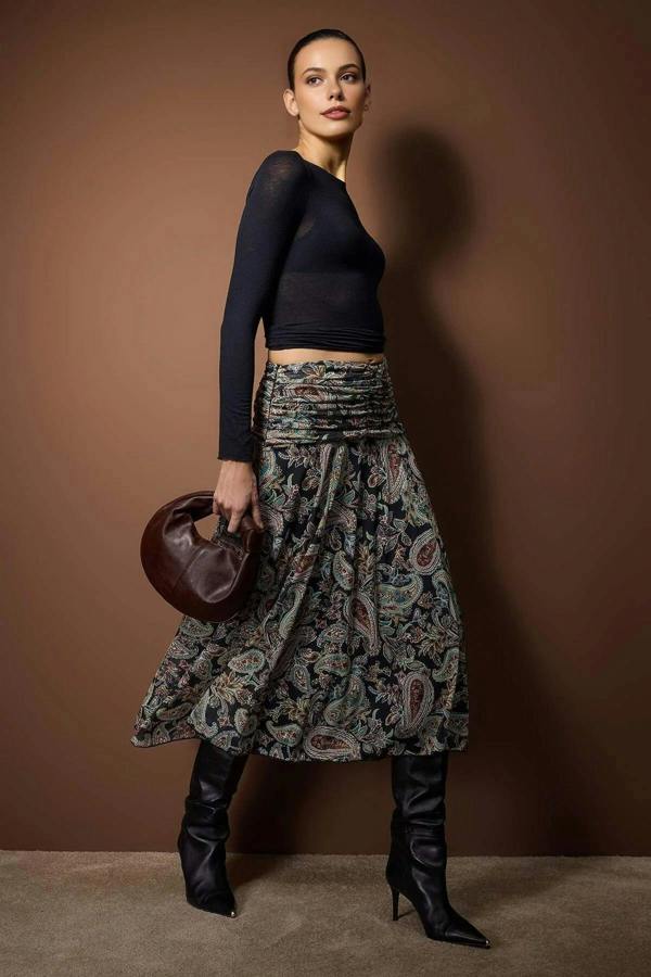 WOVCOR Maxi Boho Chic Printed Tulle Stretch Knit Skirt with Drape Detail