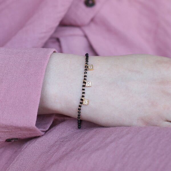 The Colourful Aura Black Beaded Mangalsutra Square Dangle Zircon Nazar bracelet