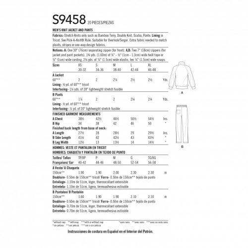 Simplicity Sewing Pattern 9458, Jackets, Trousers for Men, A (XS-S-M-L-XL) - Intermediate