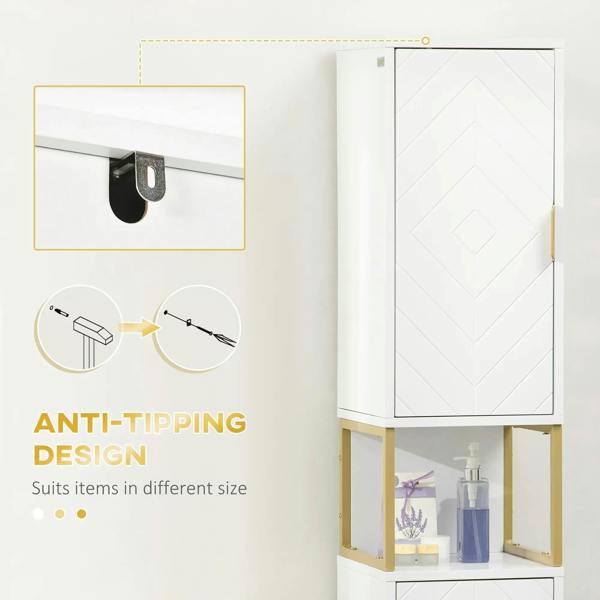 White bathroom tallboy cabinet with open interior shelf and gold steel stand