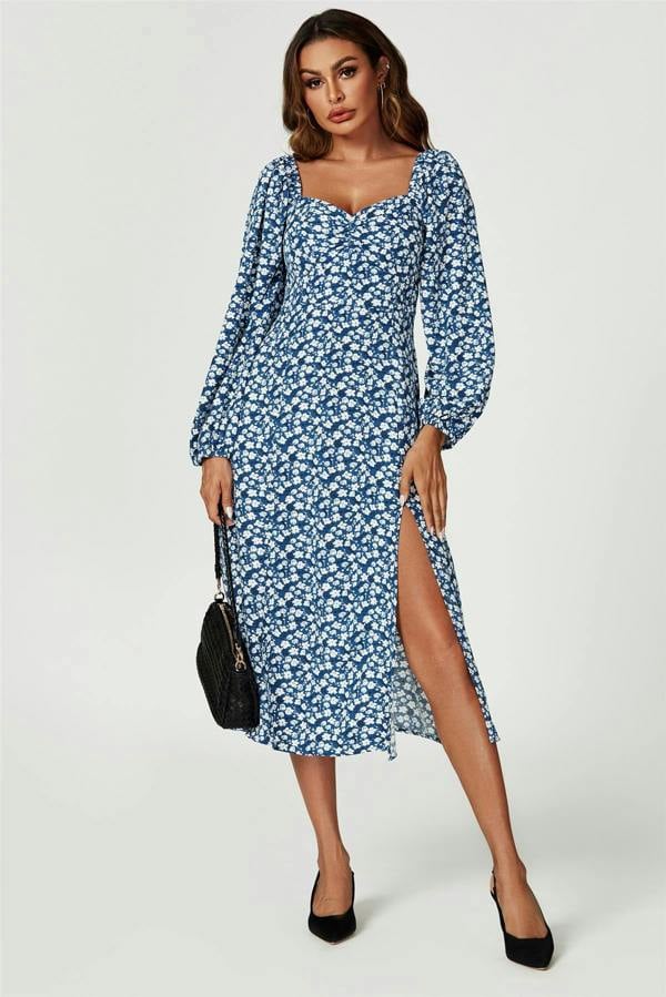 FS Collection Floral Print Long Sleeve Heart Neckline Midi Dress In Blue