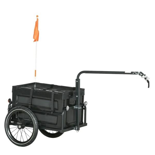 Black bicycle cargo trailer with foldable 65L storage box and vertical safety flag