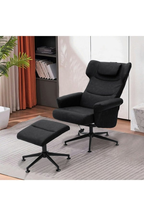 Living and Home Black Faux Leather Swivel Armchair with Footstool