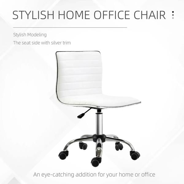 White PU armless office chair with mid-back, chrome pedestal base, and rolling casters