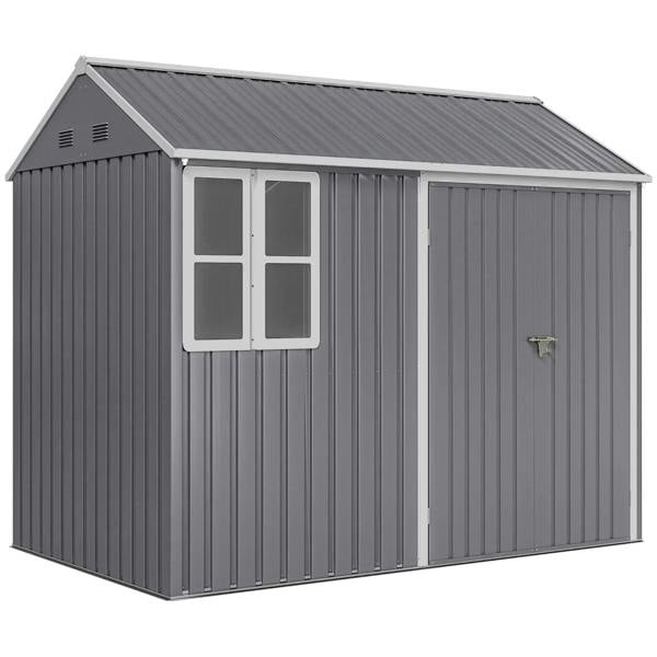 Grey metal garden shed with double doors, window panel, and vented gable ends.