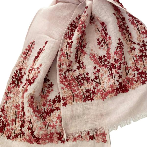 Hayley & Co Hand Embroidered 100% Linen Scarf in Light Pink Meadow Floral