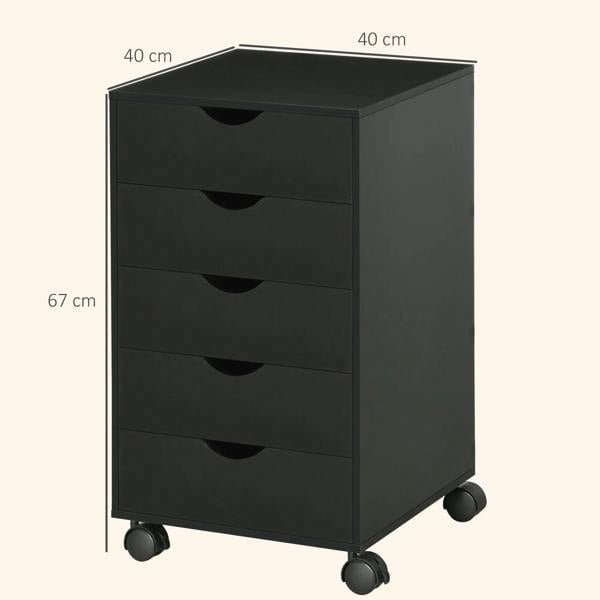 Black rolling vertical filing cabinet with five drawers and caster wheels