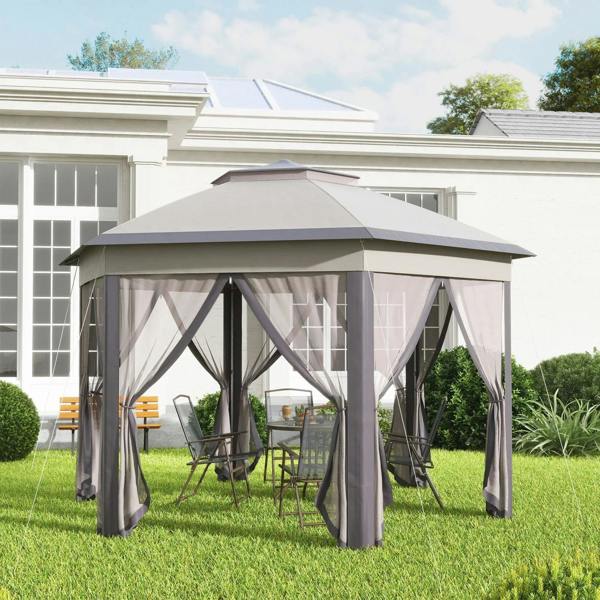 Beige hexagon outdoor gazebo with mesh curtains and double roof over seating