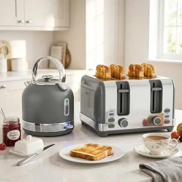 Stainless Steel Kettle and Toaster Set, 1.7L 3000W Cordless Fast Boil Kettle, 4 Slice Toaster Kitchen Set, Grey - Grey