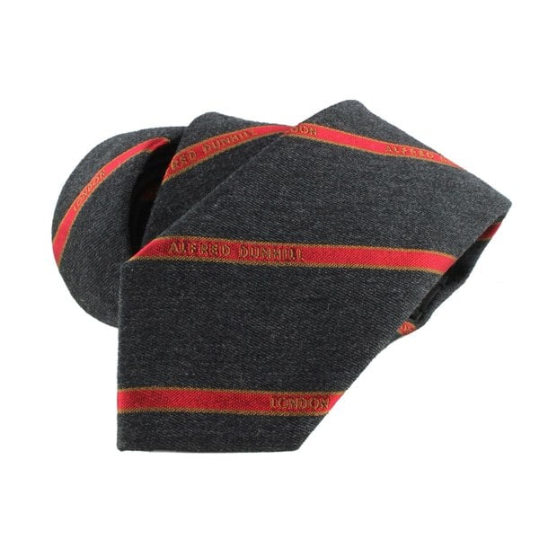Dunhill selvedge repeat tie in a luxuriously soft wool fabric Striped logo repeat pattern