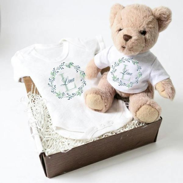 Personalised Blue & Green Floral Baby Gift Box - Teddy & Vest