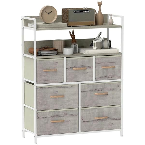 Seven-drawer fabric storage chest with gray drawers and gold pulls, white frame