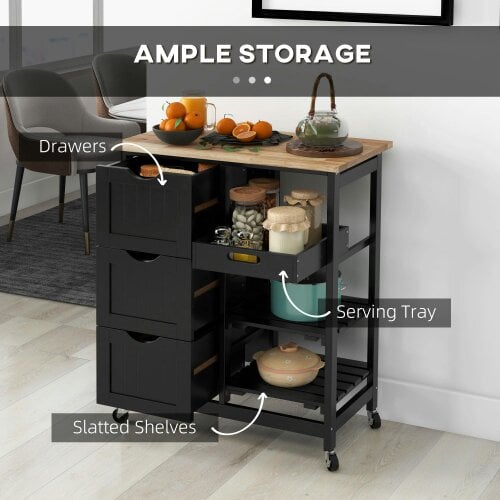 Wyld Haus Tovafi Wooden Black Compact Rolling Kitchen Island With Wood Top Shelves And Drawers
