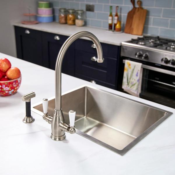 Flode Halden | Dual Lever Kitchen Sink Mixer Tap and Rinser with Swivel Spout | Pewter Finish