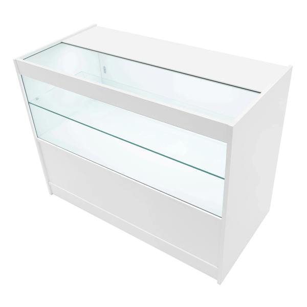 Sleek white Andromeda LED shop counter set with glass display top, featuring two C1200 shelves for showcasing products