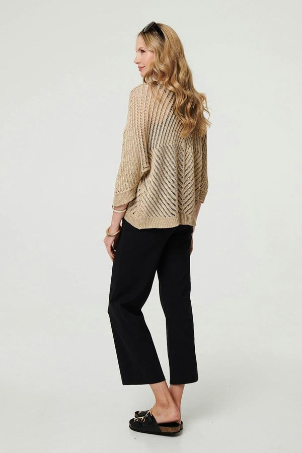 Gold | Sheer Mesh Texture 3/4 Sleeve Cardigan
