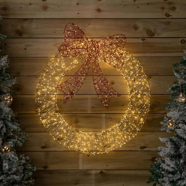 Samuel Alexander 90cm Light up Gold Twist Christmas Wreath with Red Bow and 1440 Warm White LEDs