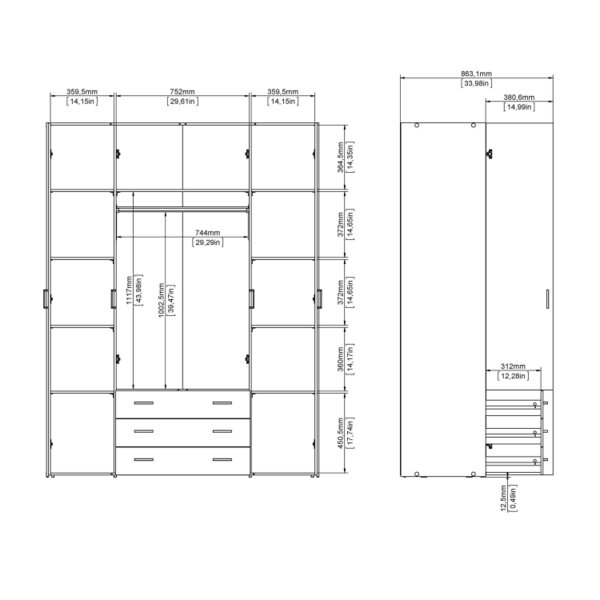 Wyld Haus Munich White Wooden Wardrobe 4 Doors 3 Drawers 3 Shelves