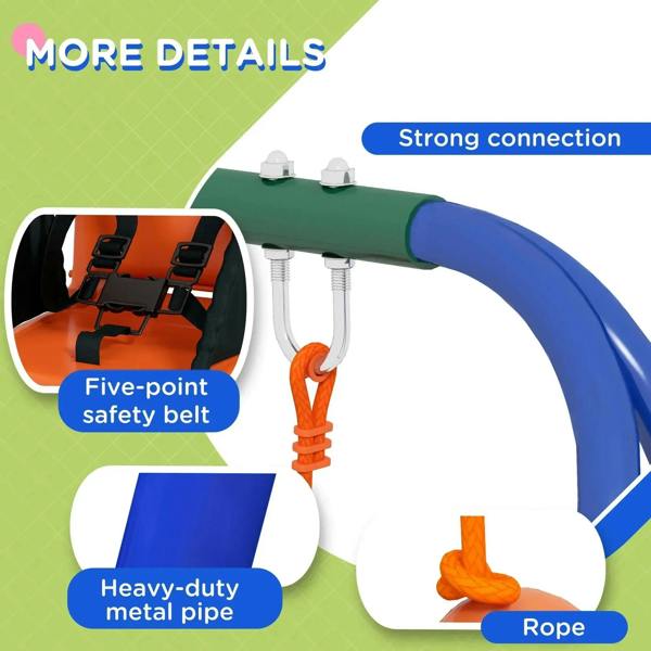 Toddler swing with five-point safety belt, heavy-duty metal frame, and rope hangers