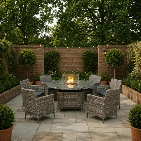 Amazon Rattan Fire Pit Dining Set - Round Table with 6 Chairs