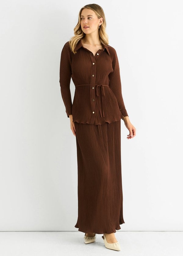 Gini London Chocolate Plisse Elasticated Waist Maxi Skirt