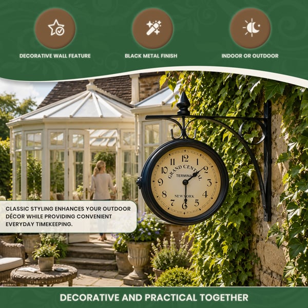 Double Sided Garden Clock in Black Metal with Mounting Bracket