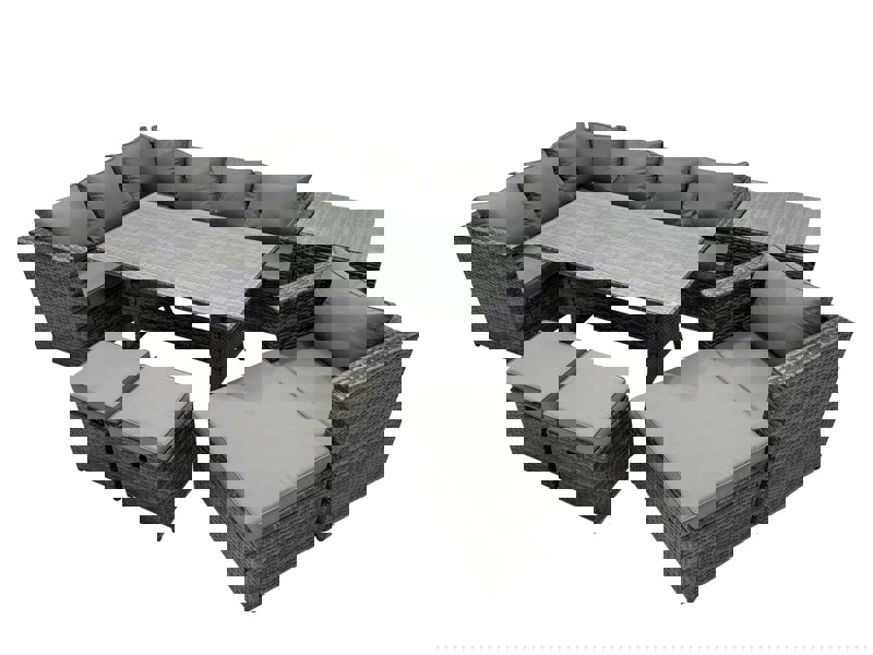 Fimous Outdoor PE Rattan Sofa Set with Dining Table Patio Garden Furniture Sets with Chair 3 Stool Side Table Dark Grey Mixed