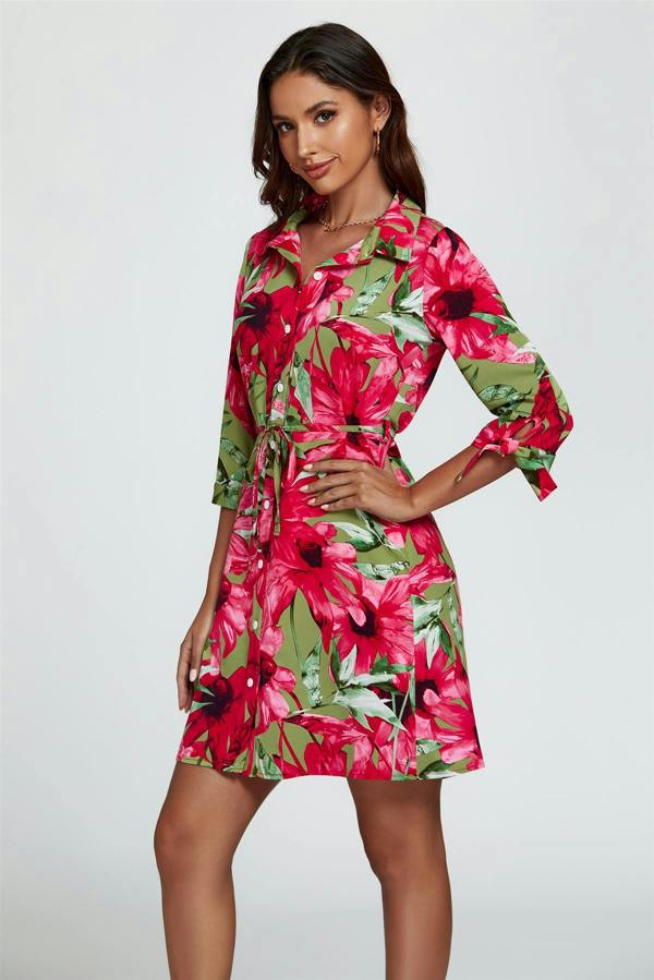 FS Collection Floral Print Shirt Mini Dress In Red