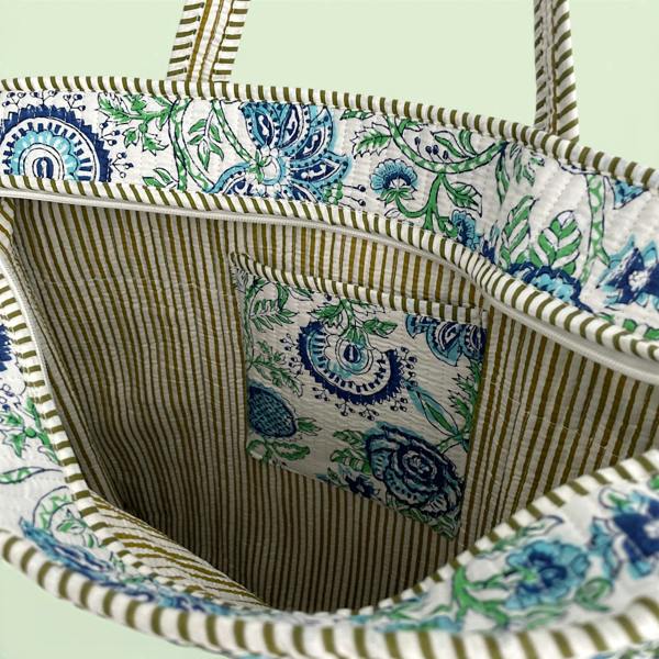 Hayley & Co Blue and Green Floral Quilted Cotton Tote Bag