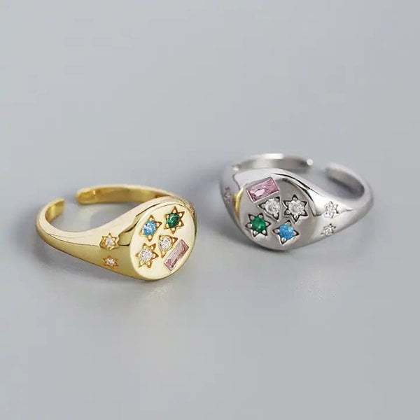 Spero London Kaleidoscope Gemstone Multicolour Round Sterling Silver Adjustable Signet Ring