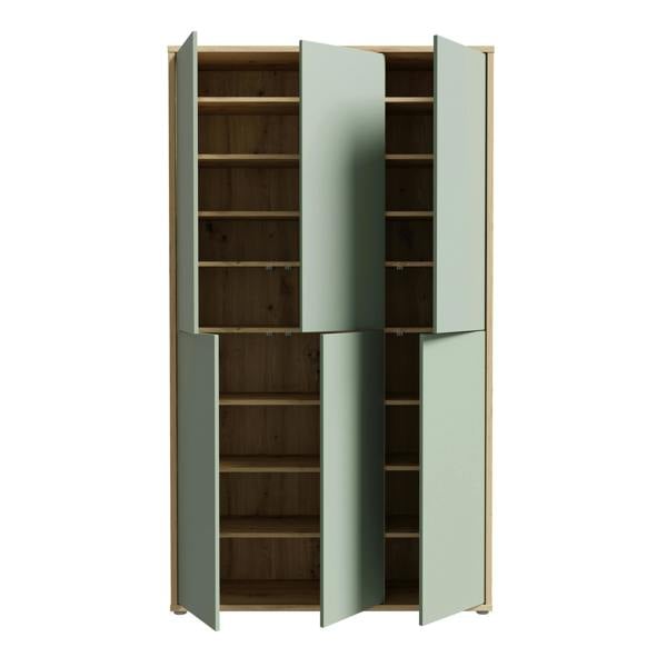 Furniture To Go Alice Springs Shoe Cabinet with 6 Doors Push-to-Open in Artisan Oak and Sage Green Doors