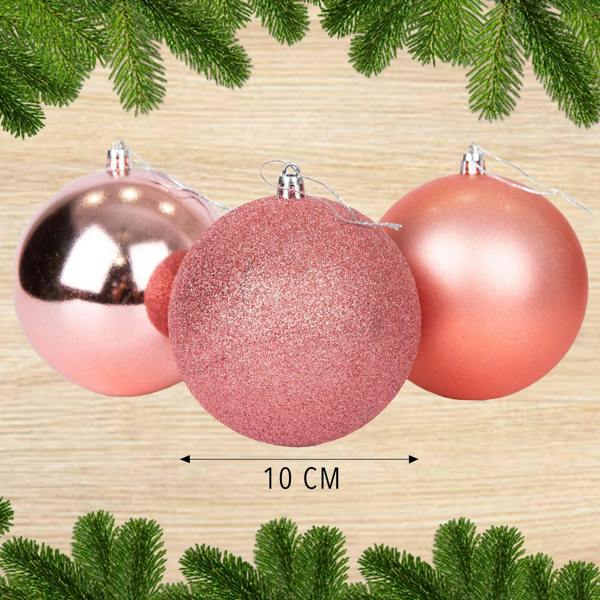 10cm Rose Gold Shatterproof Christmas Baubles, 3 or 6 Pack with Glitter, Matte and Shiny Finishes image 8