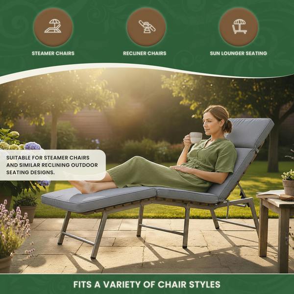 Steamer Chair Cushion – Outdoor Garden Seat Pad with 6cm Padding, Washable Cover & Adjustable Straps, Grey, 49cm Wide