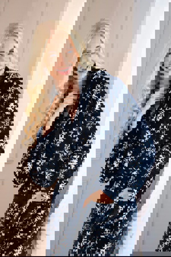 Camille Women's Blue Snowflake Supersoft Fleece Hooded Calf Length Bathrobe