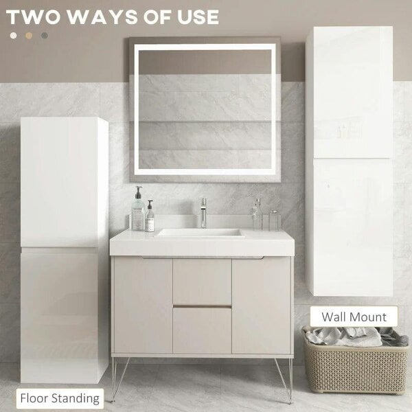 Bathroom Storage Unit, Tall Bathroom Cabinet with 2 Cupboards and Adjustable Shelves, High Gloss White