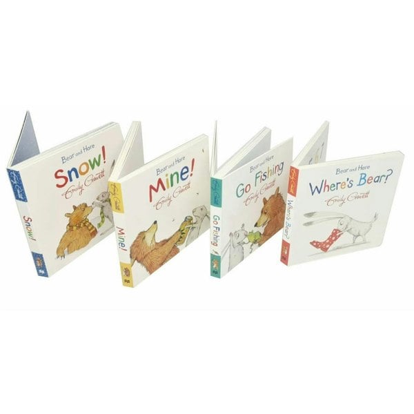 Bear and Hare 4 Book Set By Emily Gravett Bear and Hare Mine!, Where&#39;s Bear?, Go Fishing, Snow!