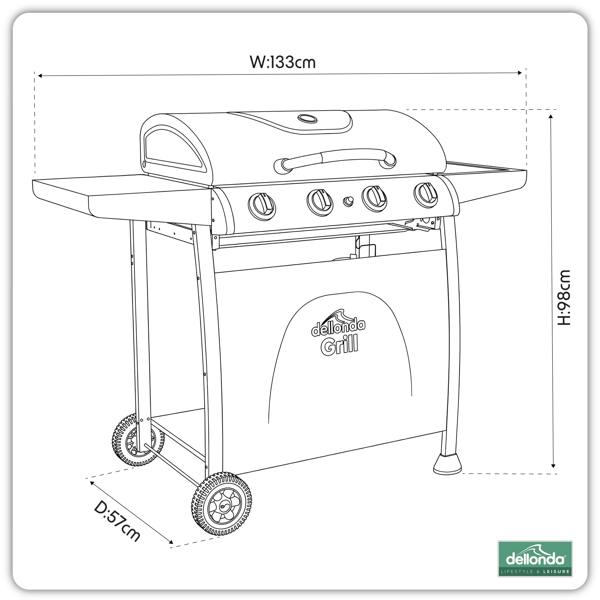 Dellonda 4 Burner Gas BBQ Grill with Piezo Ignition, Built-In Thermometer, Black/Stainless Steel - DG15