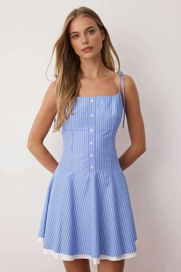 WOVCOR Striped Waist-Fronted Woven Mini Dress