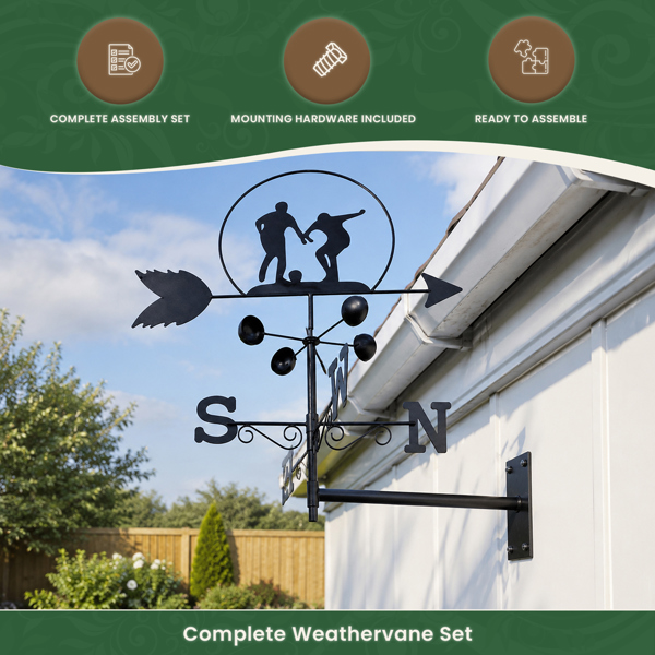 Footballer Weathervane, All-Steel Black Painted Weather Vane With Wall Fixings and Ground Spike, Quick Self-Assembly