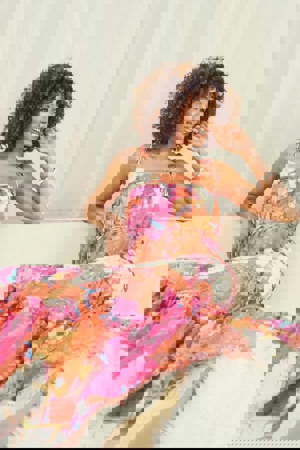 Pink | Floral Tie Strap Tiered Midi Dress : Model is 5'8"/172 cm and wears UK8/EU36/US4/AUS8