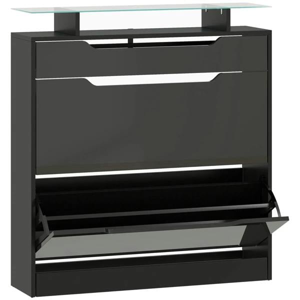 Black shoe storage cabinet with slide-out drawer, open shelves, tempered glass top.