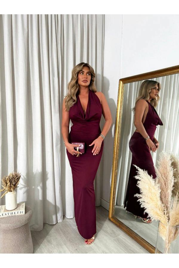 Nova Plunge Cowl Neck Backless Maxi Dress With Back Slit - Grey